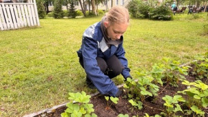 Девушка пропалывает сорняки, взрыхляет землю